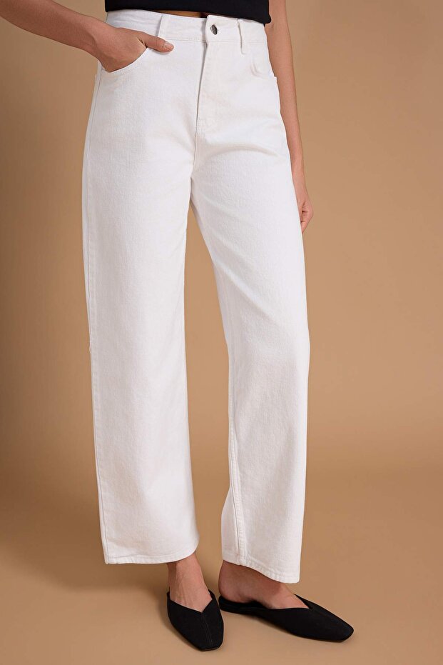Beyaz Yüksek Bel %100 Pamuk Barrel Jeans TWOSS26JE00164 - 3
