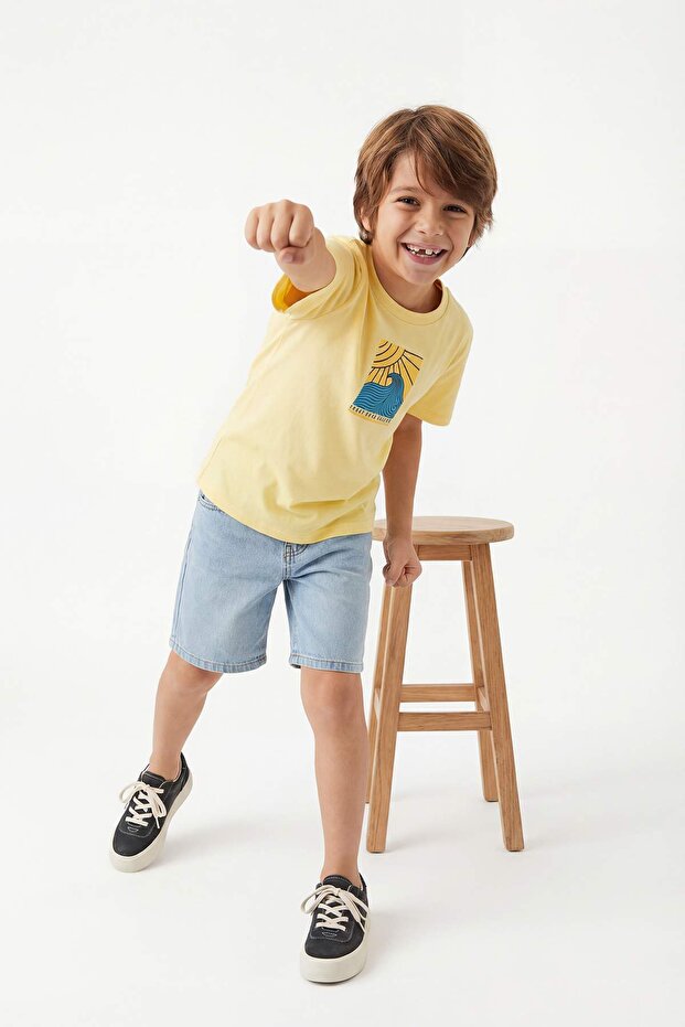 Sarı-Indigo 2'li Erkek Çocuk Baskılı Örme T-Shirt TKDSS26TS00050 - 3