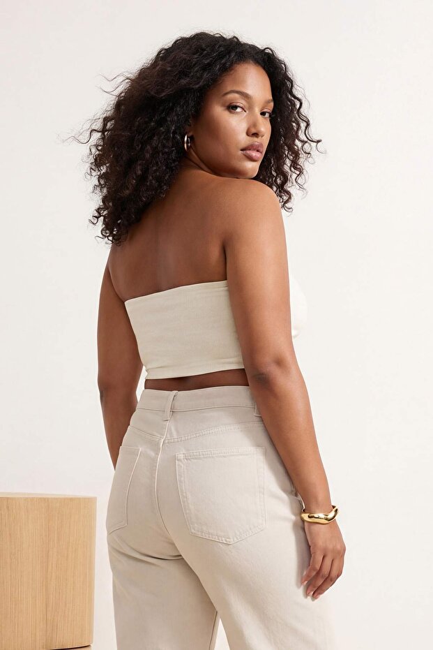 Ekru-Siyah 2'Li Paket Fitted Crop Esnek Örme Bluz TBBSS26AF00083 - 4