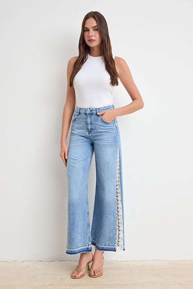 Mavi DÖKÜMLÜ Yüksek Bel %100 Pamuk Wide Leg Jeans TWOSS26JE00229 - 1