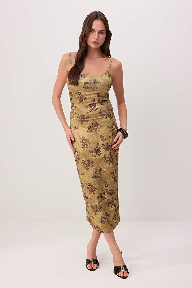 Trendyolmilla  Yeşil Çiçekli Bodycon Kare Yaka İnce Askılı Kolsuz Esnek Örme Elbise TWOSS26EL00573 - Görsel 2
