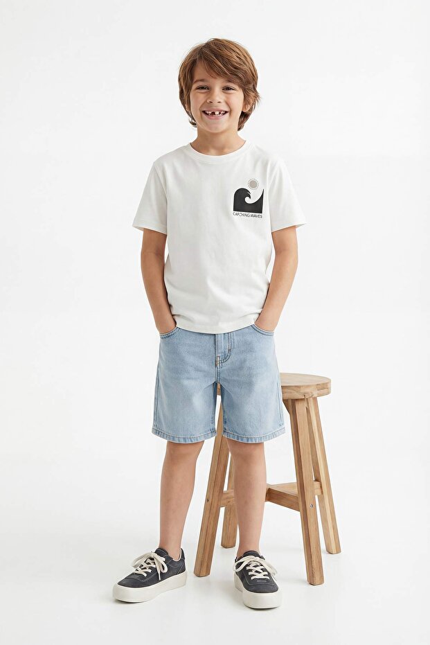 Ekru-Mavi Erkek Çocuk Baskılı Örme T-Shirt TKDSS26TS00033 - 2