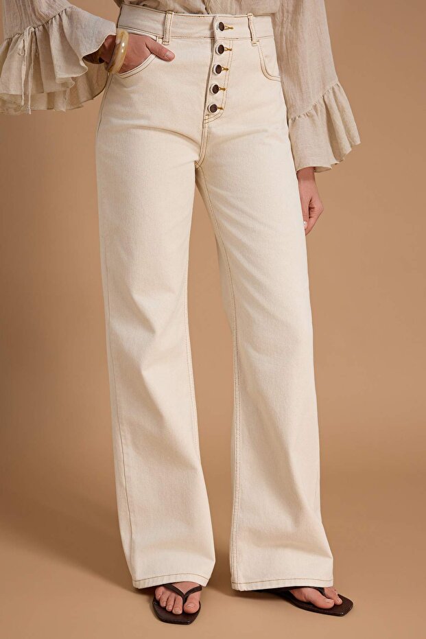 Ekru Yüksek Bel Straight/Düz Kesim %100 Pamuklu Jeans TWOSS26JE00183 - 3