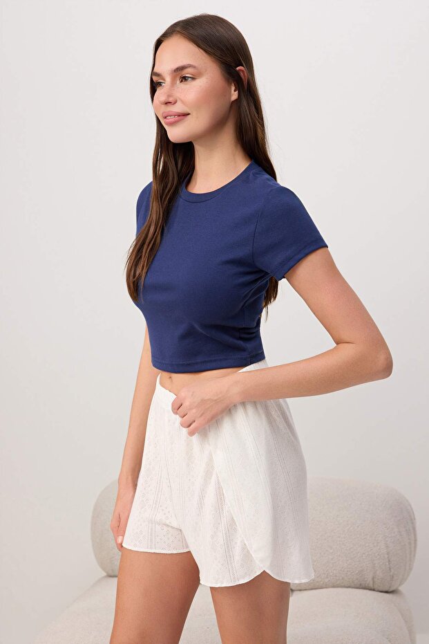 Lacivert-Beyaz 2'li Paket Pointel Ajurlu/Delikli Fitilli Örme Pijama Altı THMSS24PJ00000 - 5