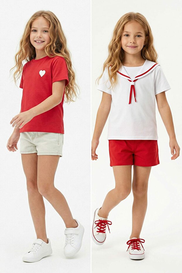 Kırmızı-Beyaz 2'li Kız Çocuk Düz 23 Nisan Örme T-Shirt TKDSS26TS00028 - 1
