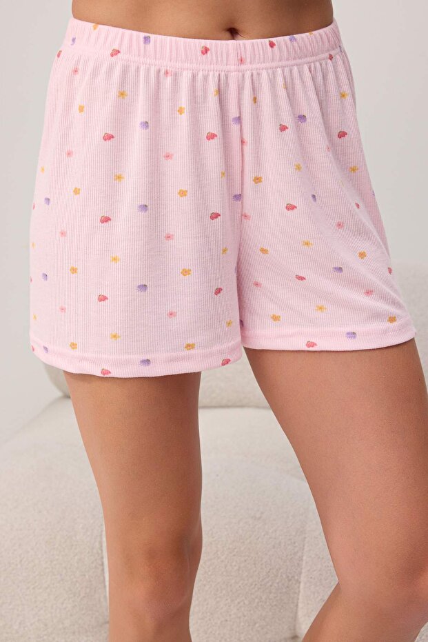 Pembe Çiçek Desenli Yaka Detaylı Fitilli Örme Pijama Takımı THMSS26PT00225 - 3