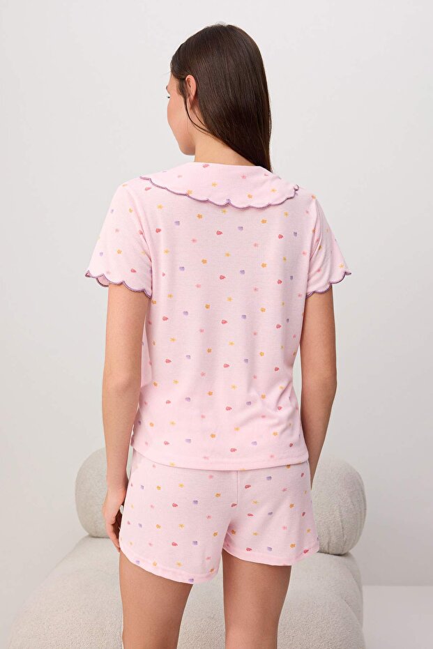 Pembe Çiçek Desenli Yaka Detaylı Fitilli Örme Pijama Takımı THMSS26PT00225 - 4