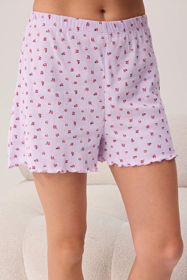 Lila %100 Pamuklu Çiçekli Fitilli/Pointel Örme Pijama Takımı THMSS26PT00204 - 3