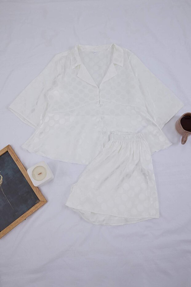 Beyaz Puantiye Desenli Jakkar Saten Pijama Takımı THMSS26PT00187 - 6