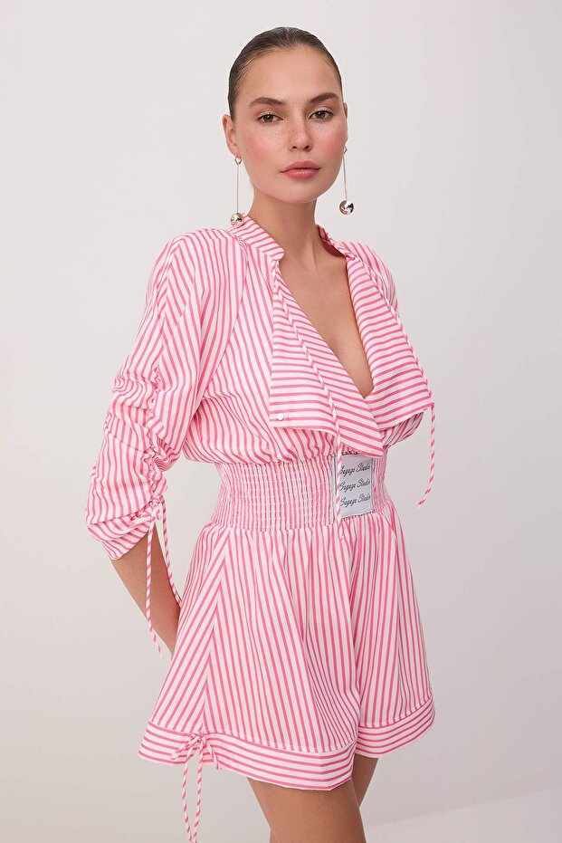 X Sagaza Studio Pembe-Beyaz Çizgili Poplin Tulum TPRSS22TU00000 - 3