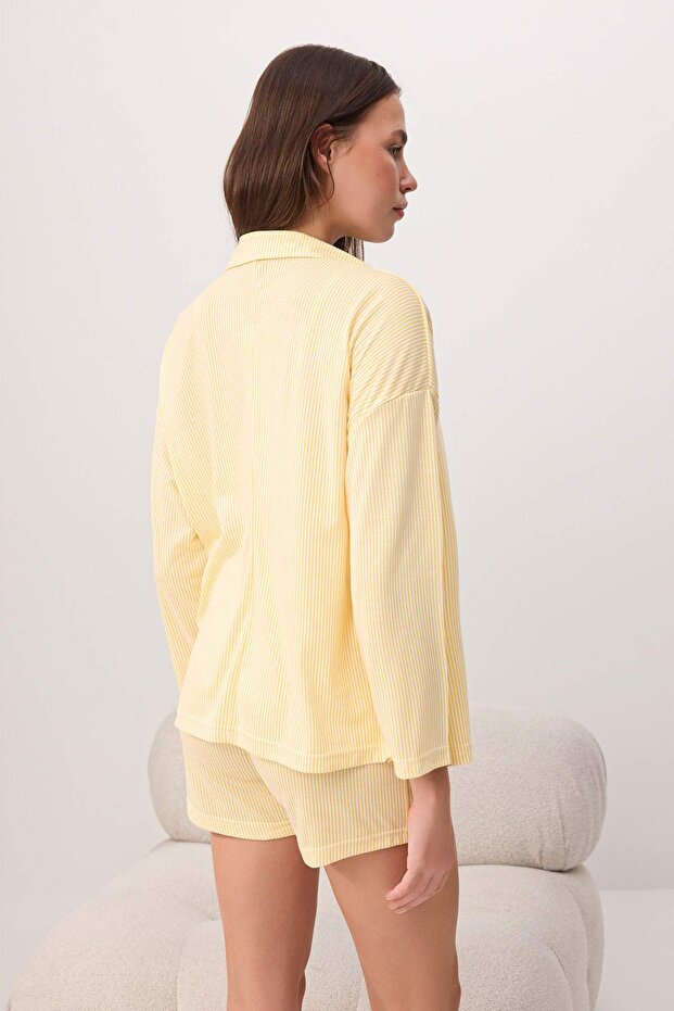 Sarı 3'lü Bra'lı Çizgili Örme Pijama Takımı THMSS26PT00085 - 4