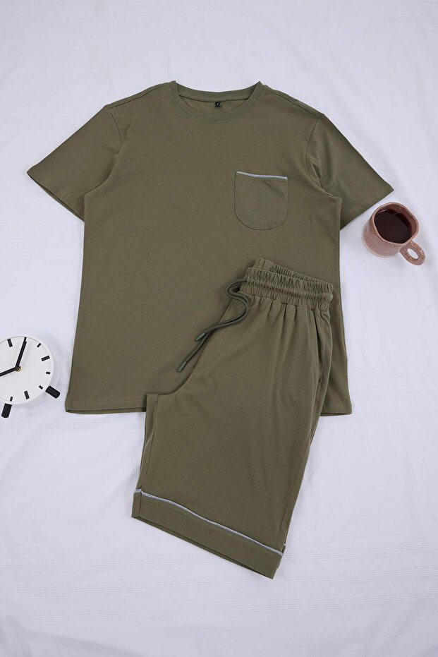 Haki Regular Fit Biyeli Örme Şortlu Pijama Takımı TMNSS24PT00021 - 4