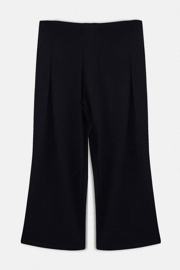 Siyah Pileli Wide Leg/Geniş Paça Dökümlü Örme Büyük Beden Pantolon TBBSS26AR00021 - 4