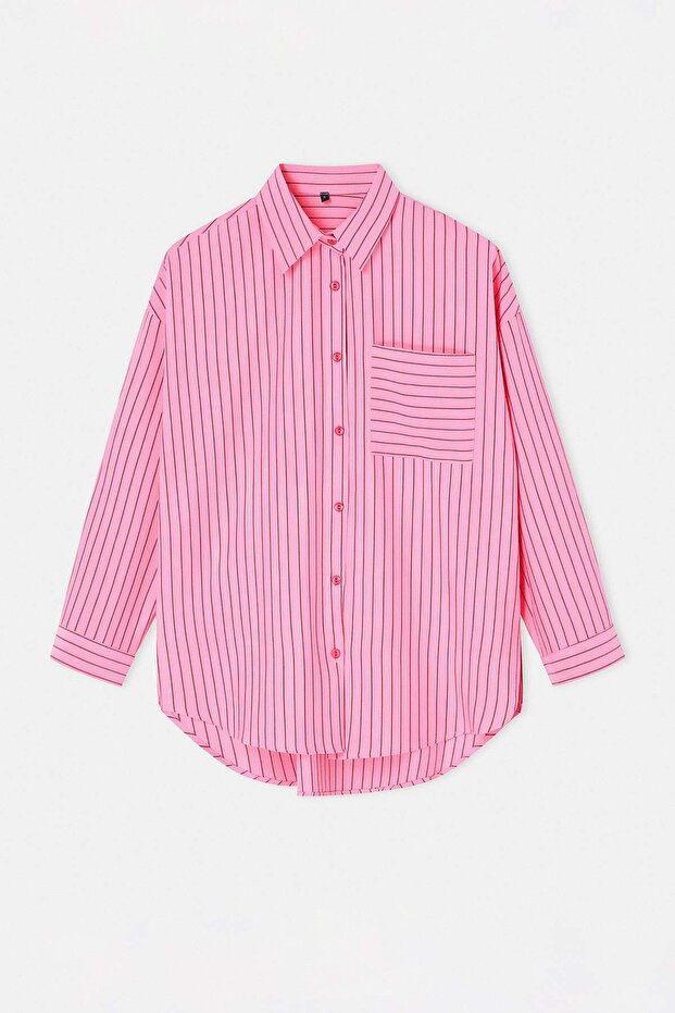 Pembe Oversize Çizgili Dokuma Gömlek TCTSS26TG00056 - 1