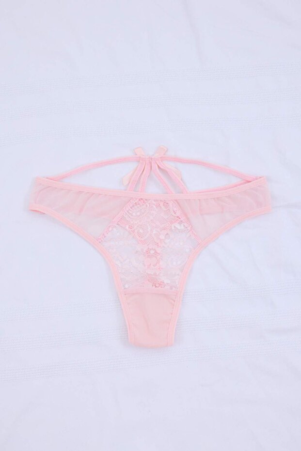 Pembe Dantelli Tül ve Fiyonk Detaylı Tanga Örme Külot THMSS24KU00037 - 5
