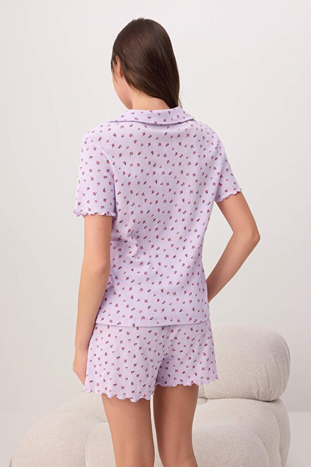 Lila %100 Pamuklu Çiçekli Fitilli/Pointel Örme Pijama Takımı THMSS26PT00204 - 4