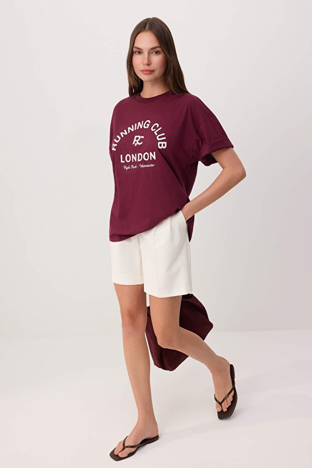 Mürdüm Slogan Oversize Bisiklet Yaka Kısa Uzun Tok %100 Pamuk Örme T-Shirt TWOSS26TS00228 - 2
