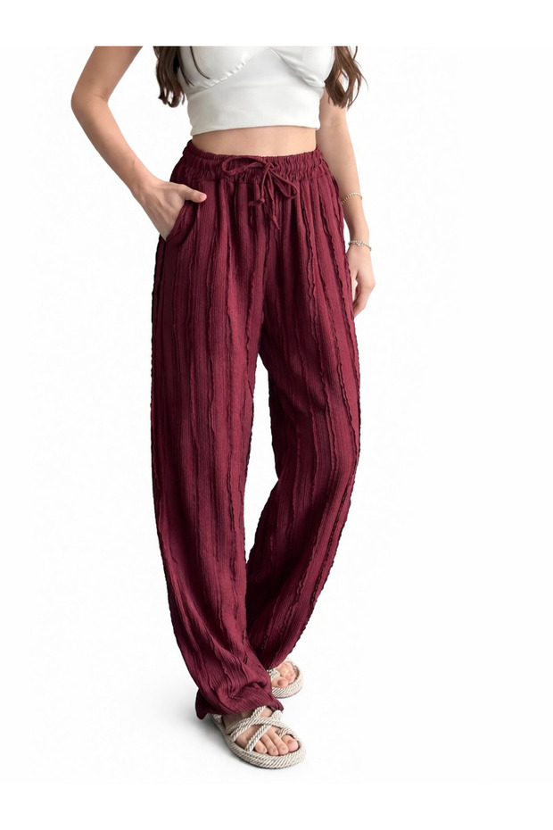 Women's Burgundy Textured Casual Pants with Elastic Waist
