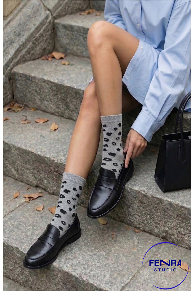 Women's Towel Socks Leopard Patterned Gray Cotton Soft Casual Socks