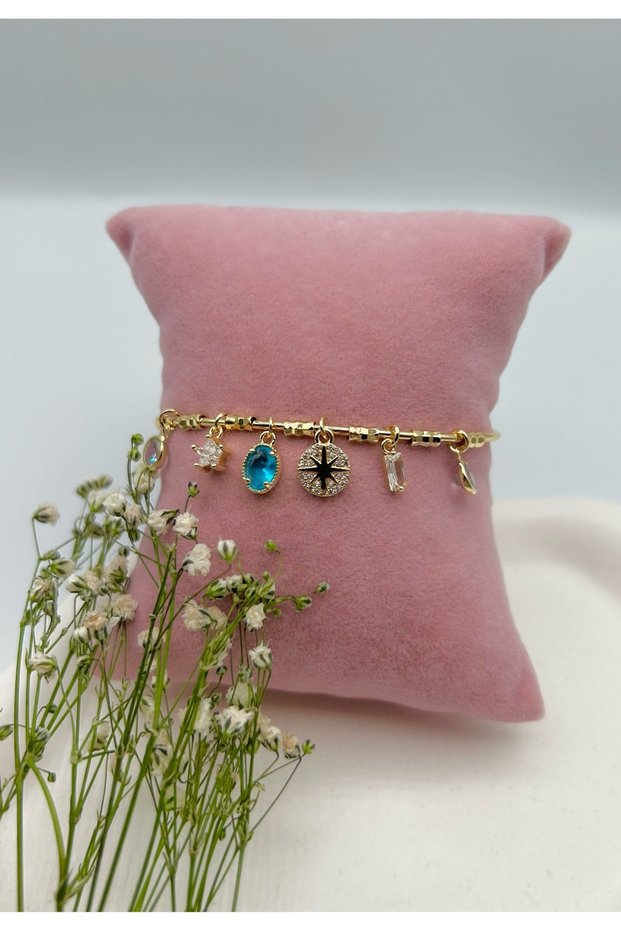 North Star and Blue Stone Detailed Charm Women's Bracelet - Adjustable - Gold and Silver Color