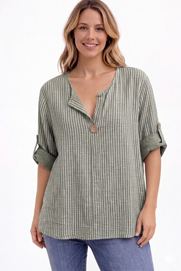 Women's Italian Khaki Striped 3/4 Sleeve Oversize Loose 100% Cotton Blouse Tunic