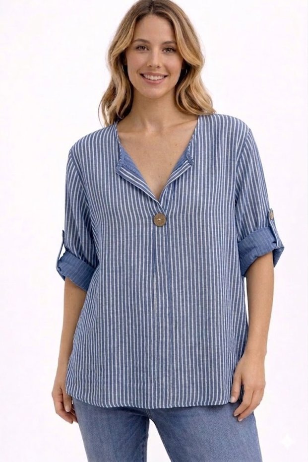 Women's Italian Blue Striped 3/4 Sleeve Oversize Loose 100% Cotton Blouse Tunic