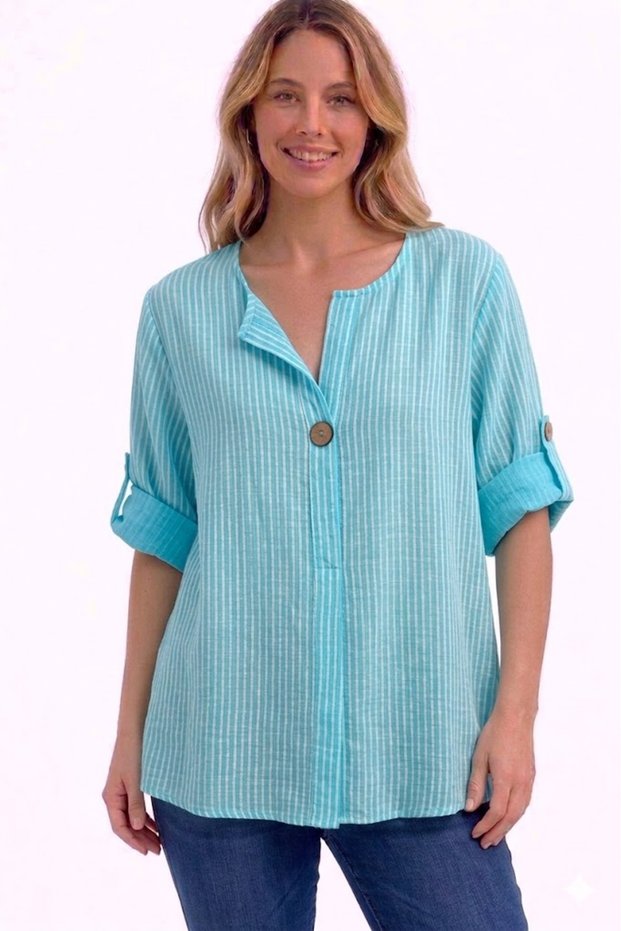 Women's Italian Turquoise Striped 3/4 Sleeve Loose 100% Cotton Blouse Tunic