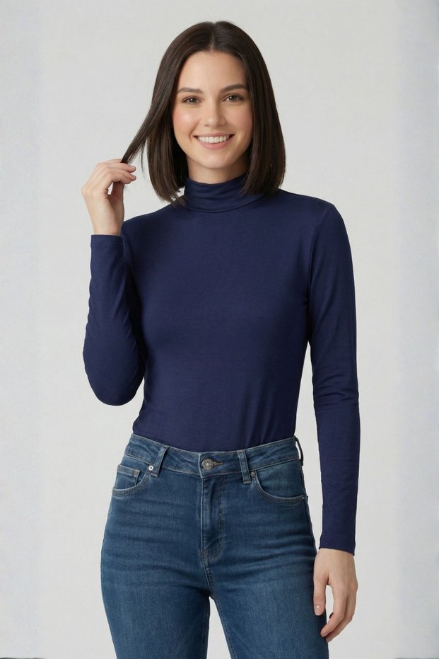 Women's Long Sleeve Half Turtleneck Bodysuit Navy Blue 1 Piece