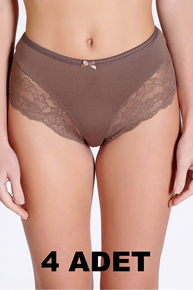 4 Pieces 0123 Lace Detailed Modal Women's Panties Mink L