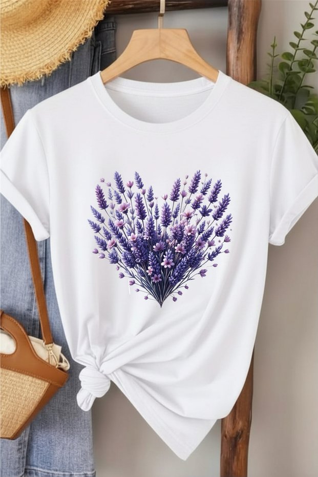 Lavender Heart Design Printed Women's Cotton T-Shirt