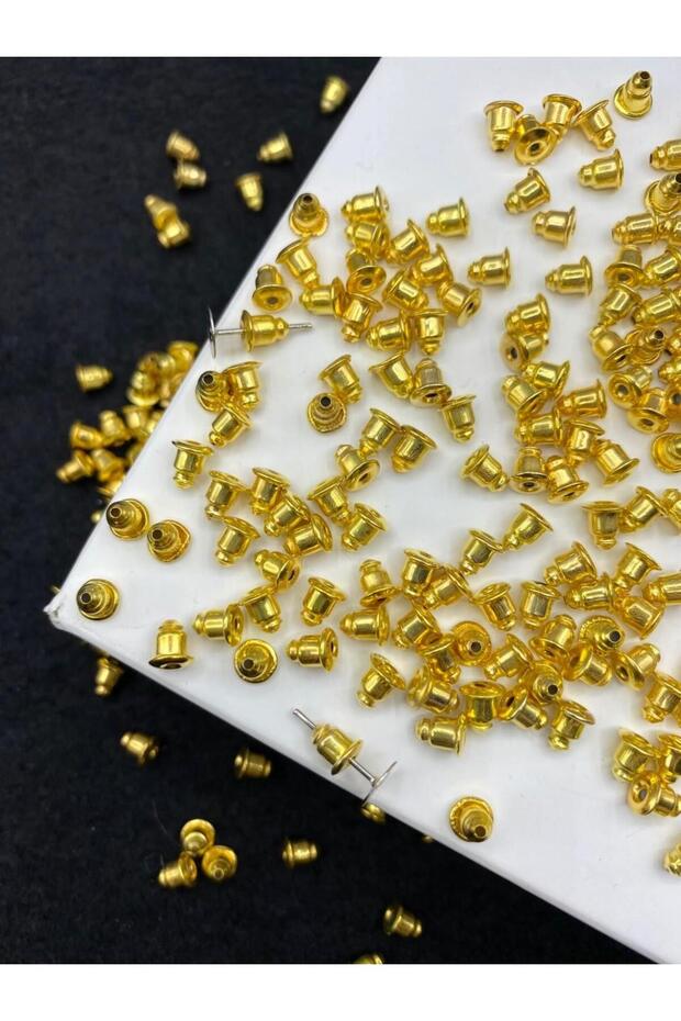 100 Pieces of Yellow Plated Gold Color Brass Earring Stoppers, Barrel Model Earring Backs, Closure