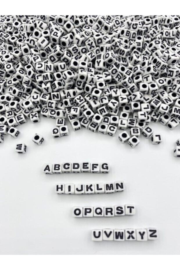 7mm Black on White Cube Letter Beads, 7x7mm Alphabet Letter Dice Beads (100gr,~370 Pieces)
