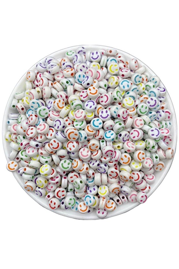 25Gr Colorful 4X7Mm Flat Smile, Smiley Face, Face Beads on White Background (25 Gr, ~200 Pieces)