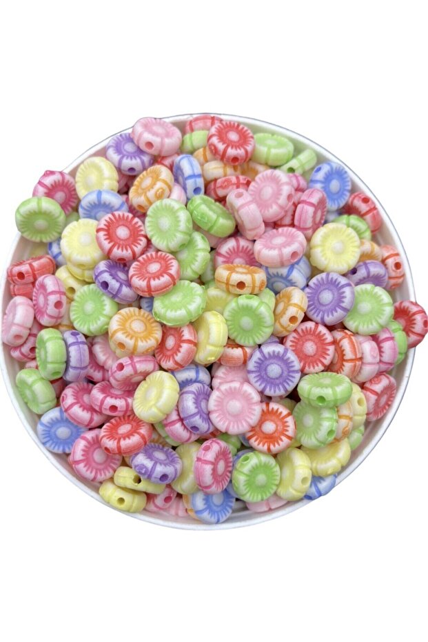 Pastel 10mm Flower Figure, Daisy Shaped Mixed Color Beads, Jewelry Making (25GR, ~100 PCS)