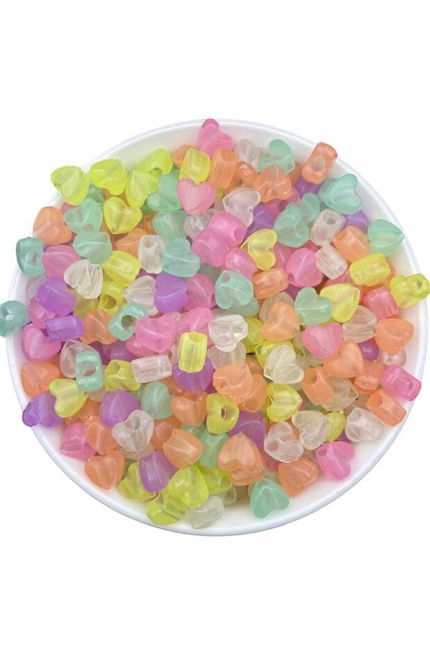 25gr Transparent Mixed Color Fluorescent Wide Hole Heart Model Beads (25gr,~90 Pieces)