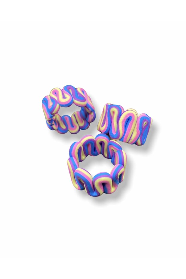 Polymer Clay Blue-Yellow-Pink-Purple Colorful Striped Wavy Model Handmade Ring, Chunky Clay Ring