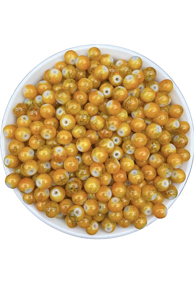 50gr 8mm Patterned Yellow Glass Core Pearl Beads, Jewelry Making, Hobby Beads (~70 Pieces)