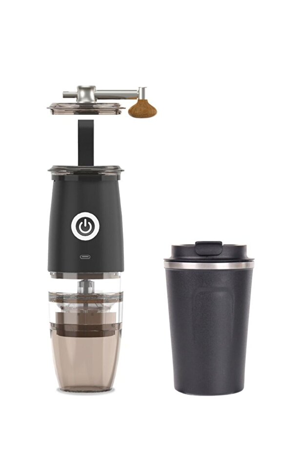 Portable Coffee Grinder Set, Electric & Manual, 5 Grinding Settings, Ceramic Blades, Travel Mug