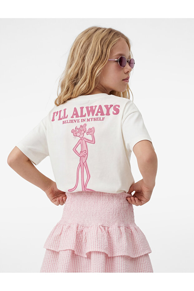 Short Sleeve Crew Neck Licensed T-Shirt with Pink Panther on the Back Cotton Printed Cropped