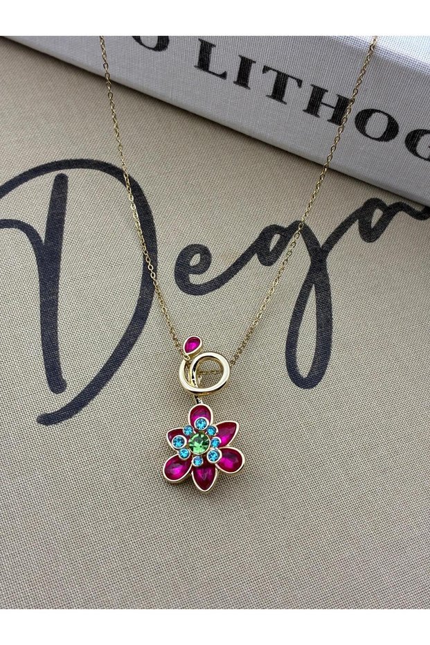 Steel Gold Pink Zircon Stone Colorful Flower Model Necklace