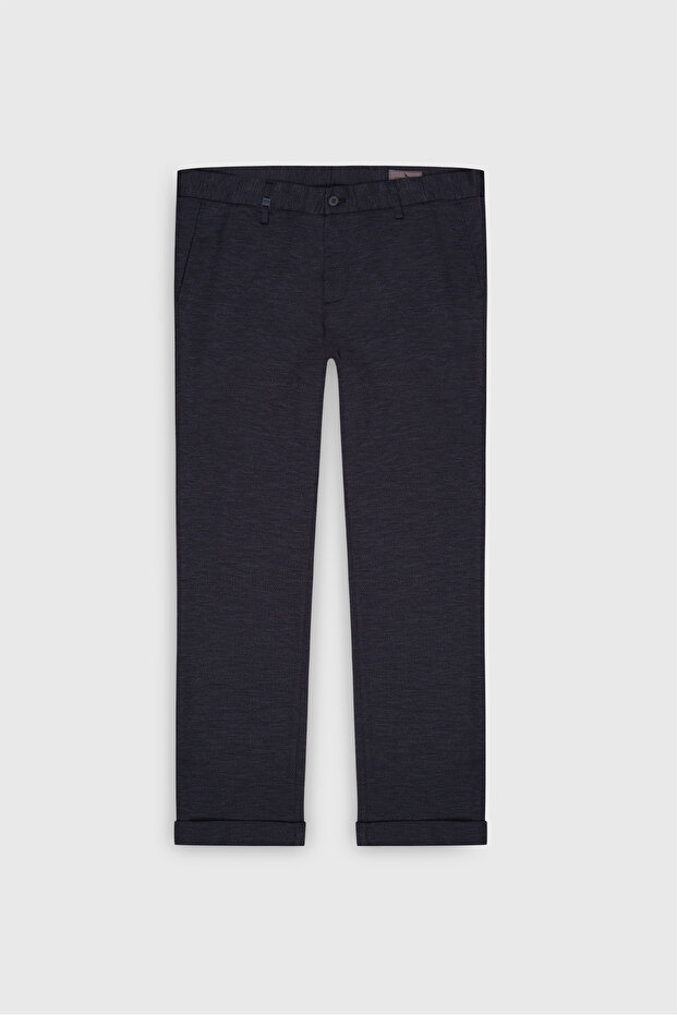 Erkek Lacivert Yünlü Slim Fit Dar Kesim Desenli Yan Cep Pantolon - 7