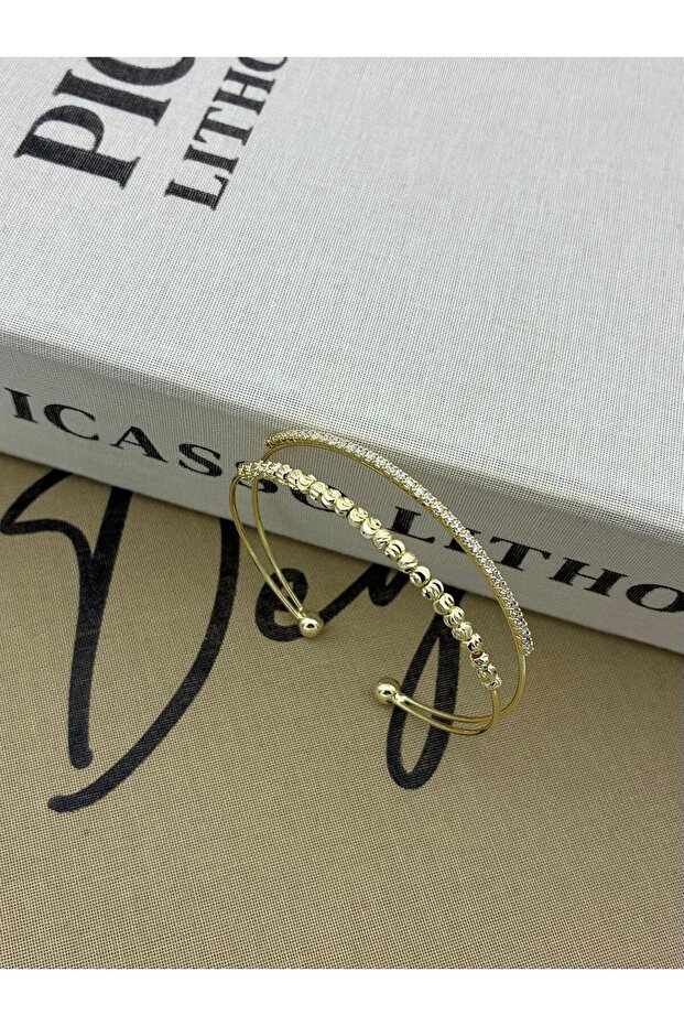 Gold Color Adjustable Two Row Dorica and Zircon Stone Detailed Bracelet