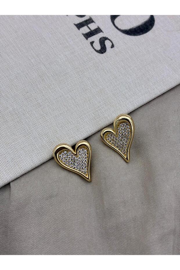 Gold Color Heart Model Earrings with Zircon Stone on Top Cm57