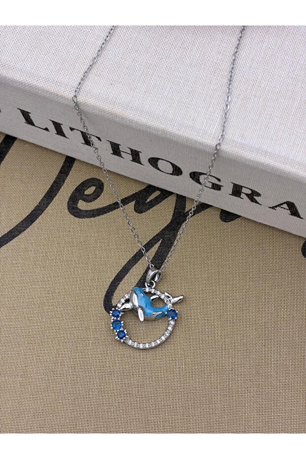 Steel Silver Color Blue Zircon Stone Detailed Blue Dolphin Necklace