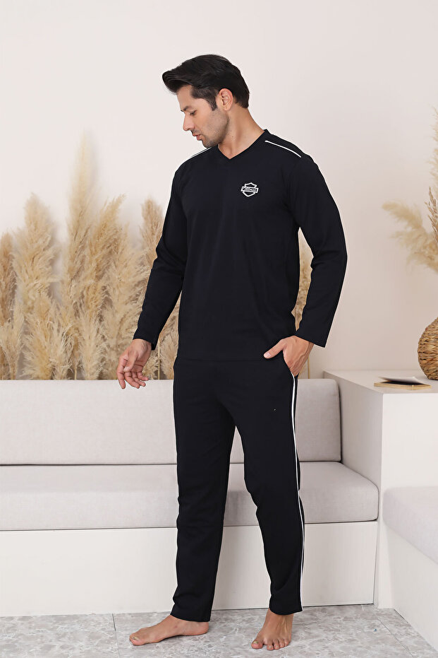 Men's Pajama Set - Black Arma Embroidered Ribbed Long Sleeve Combed Cotton 1216Uy
