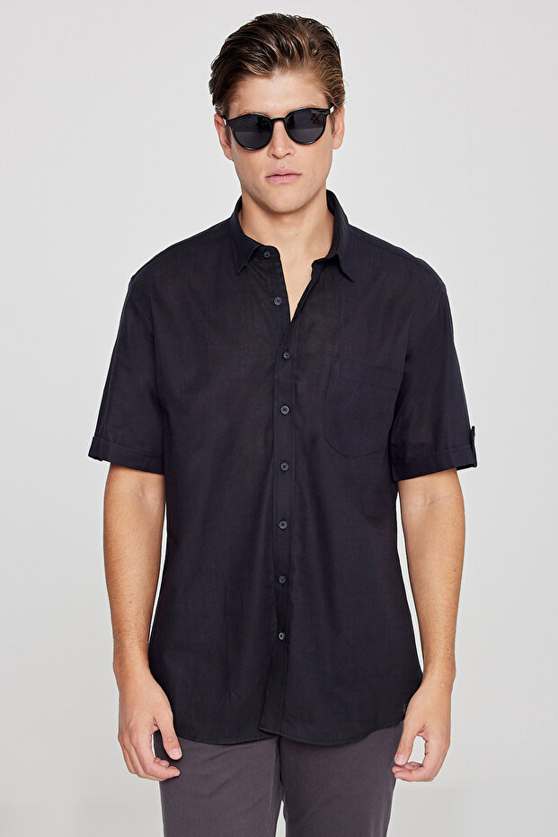 Men's Black Comfort Fit Relaxed Cut Button Collar Linen Look 100% Cotton Short Sleeve Shirt