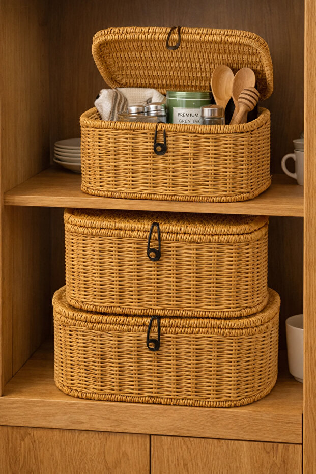 LÜKS MODERN 3 LÜ HASIR GÖRÜNÜMLÜ RATTAN DÜZENLEYİCİ SEPET - 1