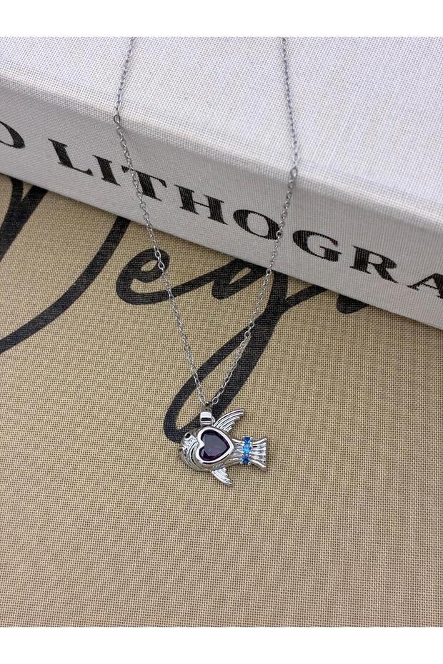 Steel Silver Color Purple Zircon Stone Heart Fish Figure Necklace