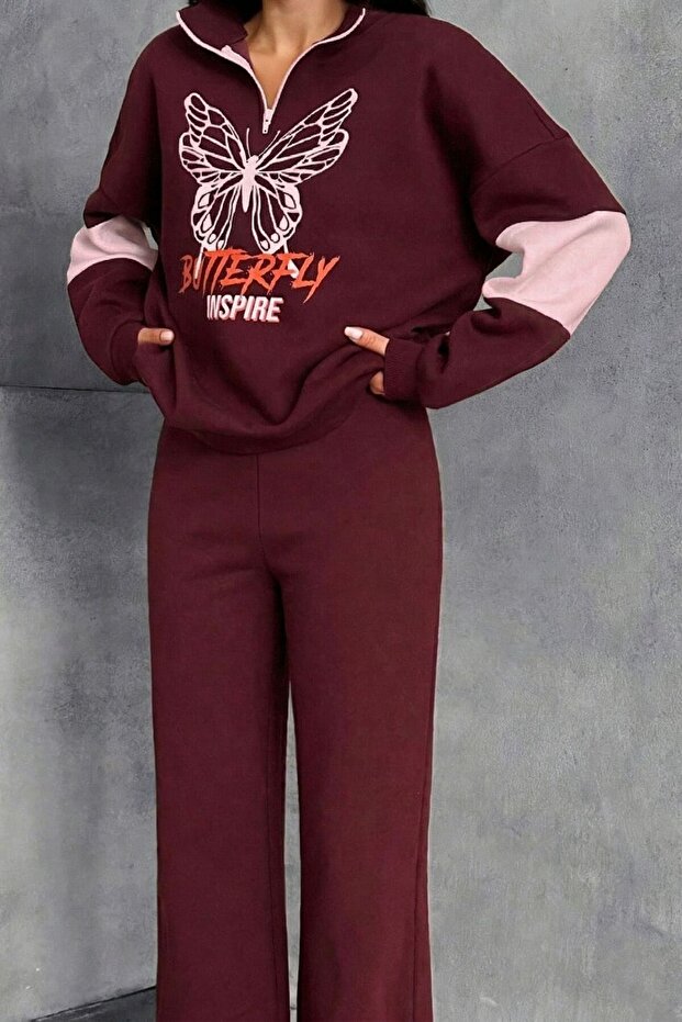 Women's Burgundy Polo Neck Half Zipper Printed Palazzo Tracksuit Set