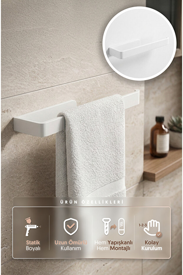 White Luxury Design Lamalı Solo Towel Holder, Towel Holder That Doesn'T Fall Off with Strong Adhesive Feature